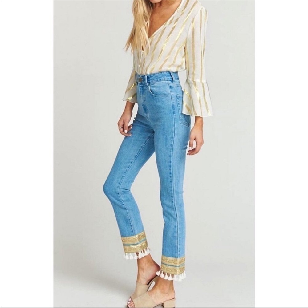 Show Me Your Mumu Miramar Jeans Womens 31 High Rise Tassel Boho Indie Stretch - Picture 13 of 13